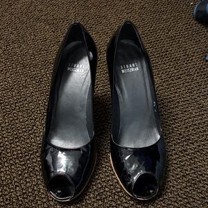 Stuart Weitzman Glossy Black Peep Toe Heels